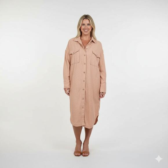 Free People Tan Long Button Down Shacket Dress - Picture 2 of 12